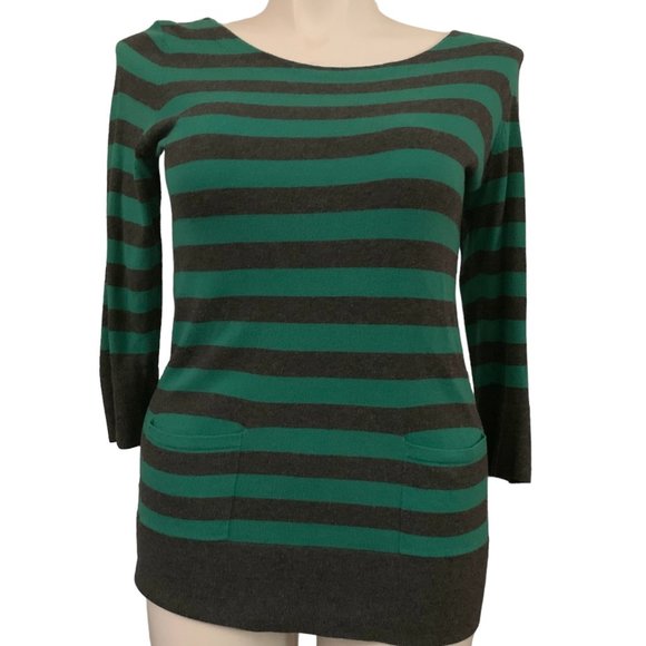 Loft | Green + Heather Gray 3/4 Sleeve Striped Blouse with Tie Back | Sz M - Picture 1 of 10